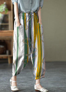 Art Grey flower Tie Waist Pockets Summer Harem Pants Linen