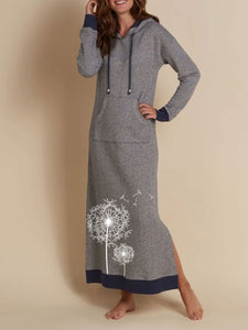 Gray Printed Loose Hooded Long Sleeve Dress