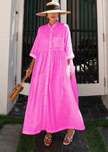 Load image into Gallery viewer, Bohemian Pink Peter Pan Collar Striped Button Pockets Wrinkled Long Dresses Half Sleeve