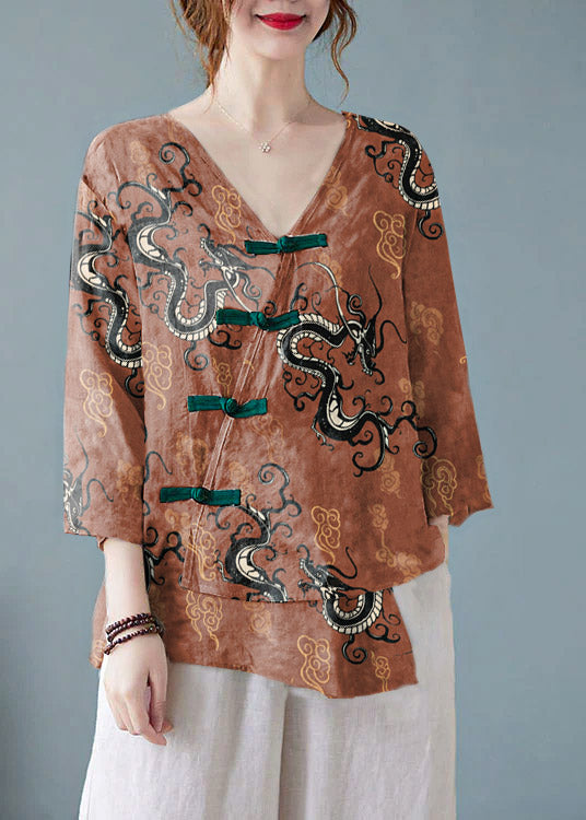 Casual Brown dragon V Neck Print Shirts Half Sleeve