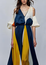 Load image into Gallery viewer, Style Colorblock V Neck Cold Shoulder Silk Maxi Dresses Summer