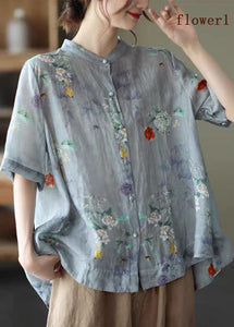 Elegant Colorful hearts Stand Collar Print Tops Half Sleeve