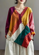 Load image into Gallery viewer, Colorblock Patchwork Linen Loose Blouses Asymmetrical Summer