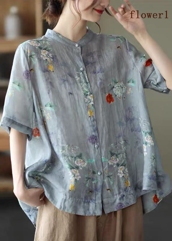 Elegant Blue Stand Collar Print Tops Half Sleeve