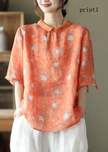 Load image into Gallery viewer, DIY Orange Print Ramie Half Sleeve Shirt Summer