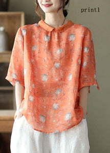 DIY Orange Print Ramie Half Sleeve Shirt Summer