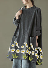 Load image into Gallery viewer, Boho Black Grey O-Neck Pockets Denim Long Dresses Long Sleeve