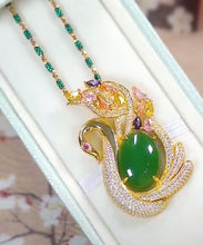 Load image into Gallery viewer, 2024 Green Sterling Silver Overgild Jade Cat&#39;s Eye Stone Swan Zircon Bamboo Joints Pendant Necklace