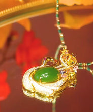 Load image into Gallery viewer, 2024 Green Sterling Silver Overgild Jade Cat&#39;s Eye Stone Swan Zircon Bamboo Joints Pendant Necklace