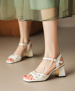 2024 New Chunky Heel Pearl One Line French Open Toe Sandals