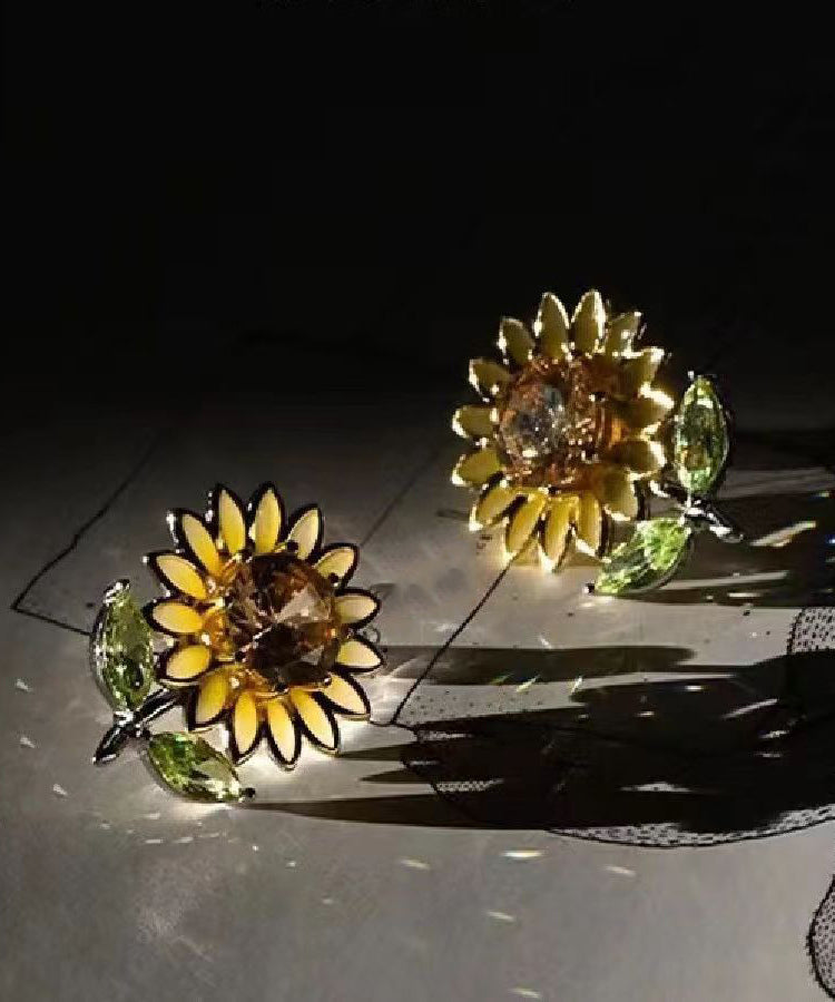 2024 New Yellow Sterling Silver Overgild Zircon Enamel Sunflower Stud Earrings