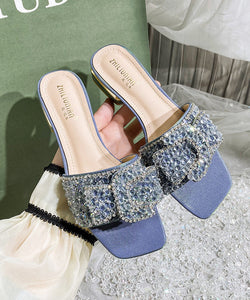 2024 Summer New Blue Zircon Peep Toe Slide Sandals