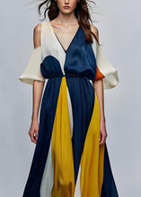 Load image into Gallery viewer, Style Colorblock V Neck Cold Shoulder Silk Maxi Dresses Summer