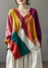 Load image into Gallery viewer, Colorblock Patchwork Linen Loose Blouses Asymmetrical Summer