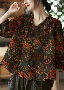 Plus Size brown geometry V Neck Ruffled Print Linen Blouse Top Half Sleeve