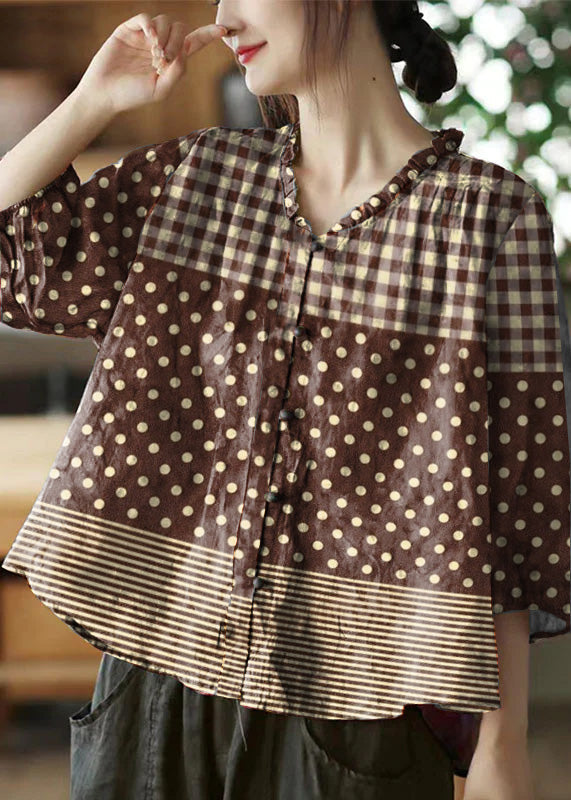 Plus Size brown geometry V Neck Ruffled Print Linen Blouse Top Half Sleeve