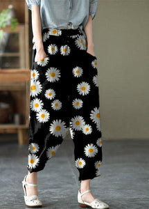 Art Black flower Tie Waist Pockets Summer Harem Pants Linen