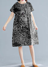 Load image into Gallery viewer, Classy Black flower linen Wardrobes o neck short sleeve shift summer Dress