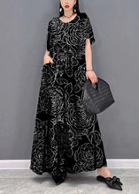 Load image into Gallery viewer, Beautiful Black flower O-Neck Print Pockets Long Dresses Short Sleeve