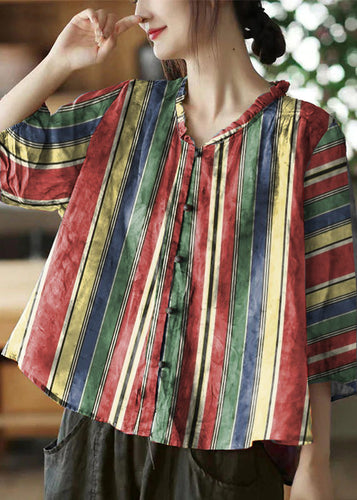 Plus Size Color stripes V Neck Ruffled Print Linen Blouse Top Half Sleeve