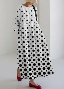 White polka dots Cotton Dresses Pockets Patchwork Spring