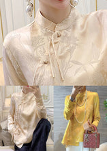 Load image into Gallery viewer, Apricot Button Silk Blouse Stand Collar Long Sleeve