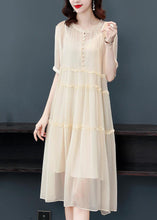 Load image into Gallery viewer, Apricot Patchwork Silk Two Pieces Set O-Neck Ruffled Dress Summer