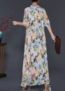 Apricot Print Cotton Cheongsam Dress Mandarin Collar Summer