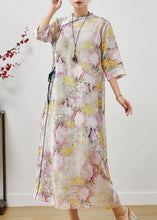 Load image into Gallery viewer, Apricot Print Linen Oriental Dress Mandarin Collar Summer