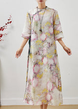 Load image into Gallery viewer, Apricot Print Linen Oriental Dress Mandarin Collar Summer