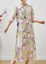 Load image into Gallery viewer, Apricot Print Linen Oriental Dress Mandarin Collar Summer