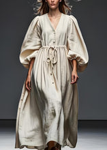 Load image into Gallery viewer, Art Beige V Neck Drawstring Patchwork Cotton Dress Lantern Sleeve