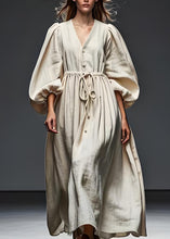 Load image into Gallery viewer, Art Beige V Neck Drawstring Patchwork Cotton Dress Lantern Sleeve