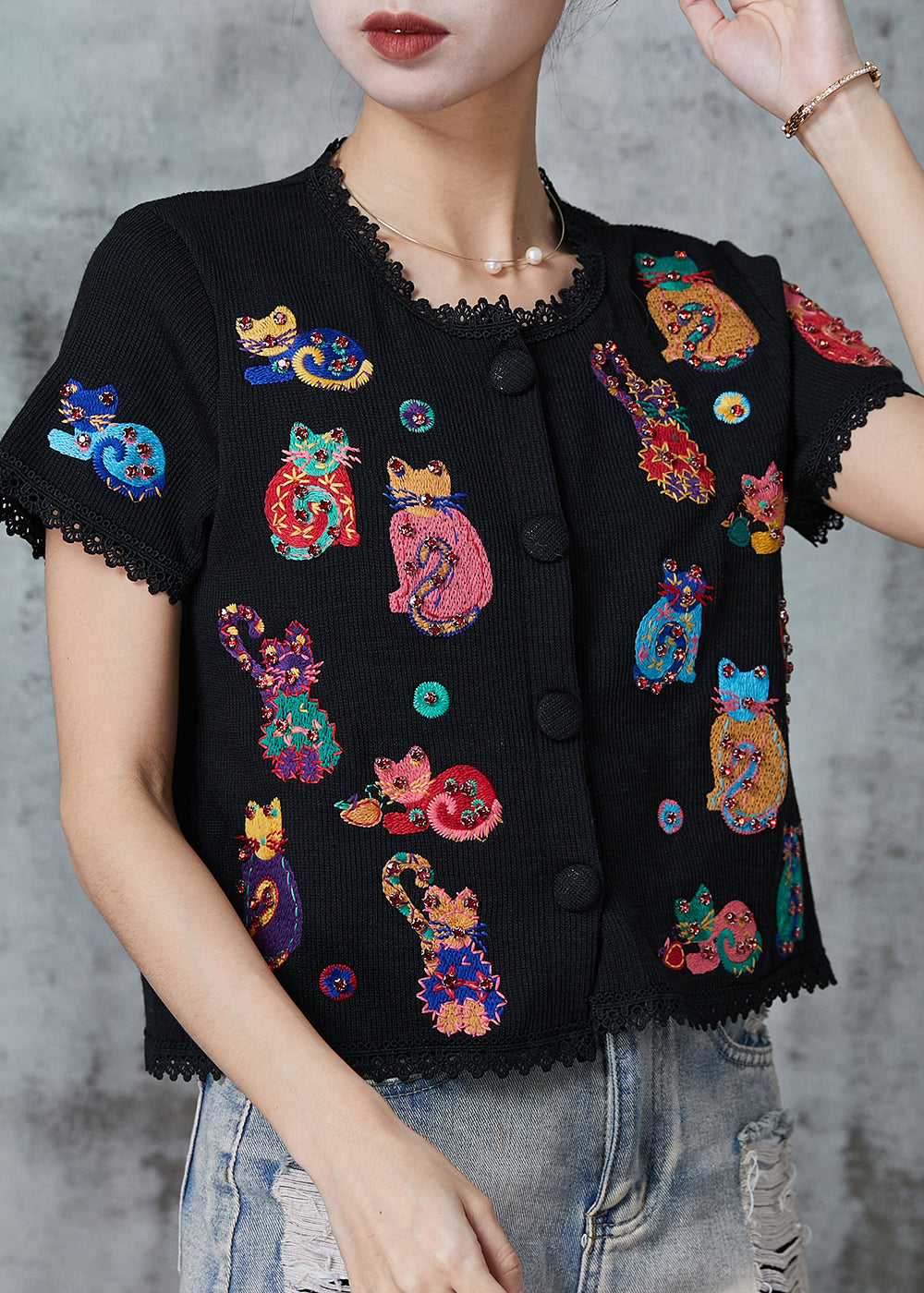 Art Black Animal Embroidered Knit Shirts Summer