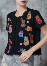 Load image into Gallery viewer, Art Black Animal Embroidered Knit Shirts Summer