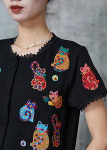 Art Black Animal Embroidered Knit Shirts Summer