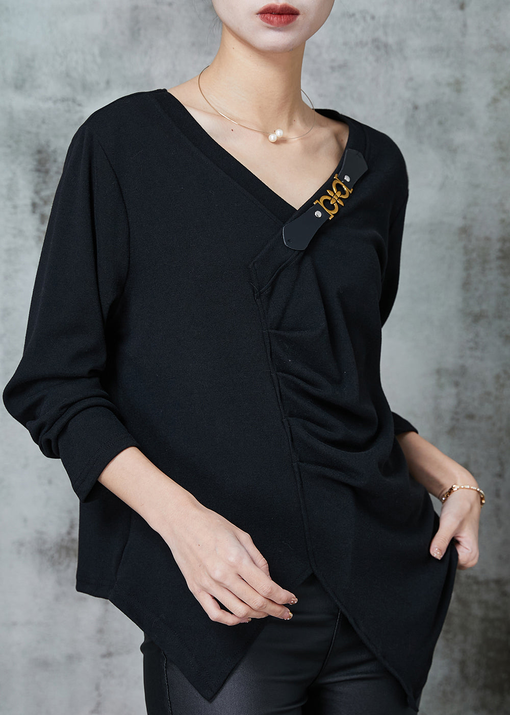 Art Black Asymmetrical Wrinkled Cotton Sweatshirts Top Spring