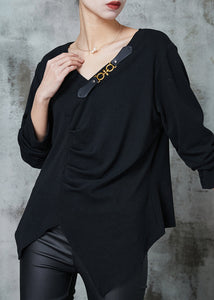 Art Black Asymmetrical Wrinkled Cotton Sweatshirts Top Spring