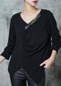 Art Black Asymmetrical Wrinkled Cotton Sweatshirts Top Spring