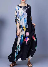 Load image into Gallery viewer, Art Black O Neck Print Button Silk Maxi Dress Bracelet Sleeve