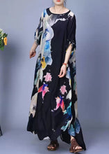 Load image into Gallery viewer, Art Black O Neck Print Button Silk Maxi Dress Bracelet Sleeve