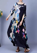 Load image into Gallery viewer, Art Black O Neck Print Button Silk Maxi Dress Bracelet Sleeve