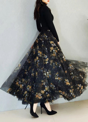 Art Black Print High Waist Exra Large Hem Tulle Skirts Spring