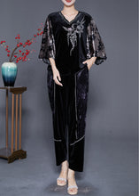 Load image into Gallery viewer, Art Black V Neck Patchwork Zircon Silk Velour Two Pieces Set Batwing Sleeve