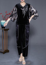 Load image into Gallery viewer, Art Black V Neck Patchwork Zircon Silk Velour Two Pieces Set Batwing Sleeve