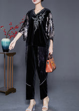 Load image into Gallery viewer, Art Black V Neck Patchwork Zircon Silk Velour Two Pieces Set Batwing Sleeve