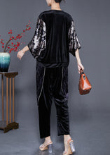 Load image into Gallery viewer, Art Black V Neck Patchwork Zircon Silk Velour Two Pieces Set Batwing Sleeve