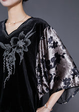 Load image into Gallery viewer, Art Black V Neck Patchwork Zircon Silk Velour Two Pieces Set Batwing Sleeve