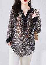 Load image into Gallery viewer, Art Black V Neck Print Patchwork Chiffon Shirts Top Long Sleeve