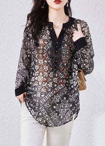 Art Black V Neck Print Patchwork Chiffon Shirts Top Long Sleeve